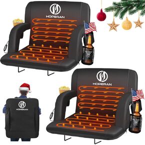 HOPERAN 25" 2pcs Double Heated Stadium Seats for Bleachers with Back Support Wide Cushion, Extra Portable Bleacher Seat Foldable Stadium Chair, USB 3 Levels of Heat, 5 Pockets for Outdoor Games Sports