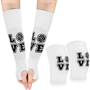 ramede Volleyball Knee Pads and Volleyball Arm Sleeves with Protection Pad Forearm Elbow Sleeve with Thumb Hole Volleyball Accessories Gear for Girls Women (2 Pairs,White,Volleyball)