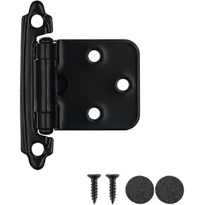 JQK 1/2 Inch Overlay Cabinet Door Hinges Black, 20 Pack 10 Pairs Flush Face Mount Cupboard Self-Closing Kitchen Cabinet Hinges with Door Bumper, CH200-BK-P20