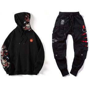 Niepce Inc Streetwear Men's Dragon Embroidered Graphic Hoodies and Ripped Punk Jogger Pants Set (Large)