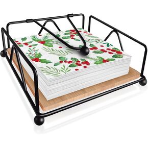 Napkin Holder for Table, Durable Farmhouse Napkin Holder with Weighted Arm for Paper Napkins, Wood Napkin Dispenser for Kitchen Counter, Dining Table, Outdoor (Black)