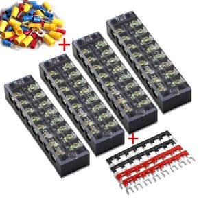 MILAPEAK Terminal Block and Strip - 4pcs 8 Positions 600V 25A Dual Row Screw Terminals Strip with Cover + 4pcs Pre-Insulated Barrier Jumper Strips Black & Red + Insulated Fork Wire Connectors
