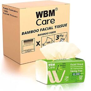 WBM Care Bamboo Facial Tissues, Bulk Box of 10 Packs, 150 Sheets Each, Total 1,500 Sheets, Soft and eco-friendly, perfect for everyday use, great value