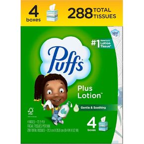 Puffs Plus Lotion Facial Tissue, 4 Mega Cube Boxes, 72 Tissues Per Box