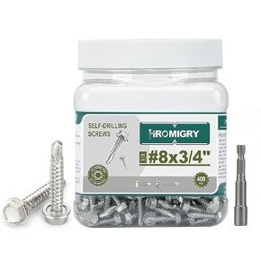 8# x 3/4" Self Tapping Sheet Metal Screws (400 PCS), 410 Stainless Steel Self Drilling Screws, Hex Washer Head