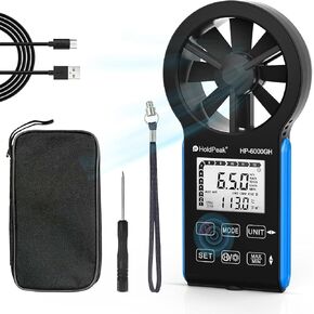 جهاز قياس شدة الرياح HVAC المحمول من HoldPeak، جهاز قياس سرعة الرياح CFM مع زر لمس مقاوم للماء لفتحة تهوية قناة HVAC، الإبحار، في الهواء الطلق [قابل لإعادة الشحن]