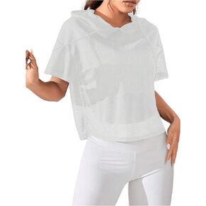 SHENHE Women's Crop Tops Sweatshirts Short Sleeve Sheer Mesh Drop Shoulder Drawstring Hoodie
