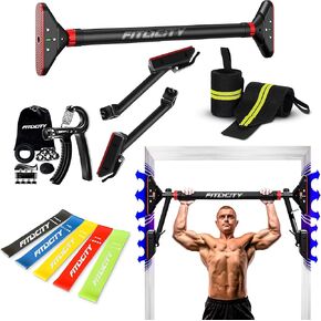 Pull Up Bar for doorway With Hand Grip Strengthener & Resistance Bands, Chin Up Bar for Upper Body Workout & Exercise, 29.9" - 37.5" Adjustable Width Locking Mechanism, No Screw Installation, 880 lbs