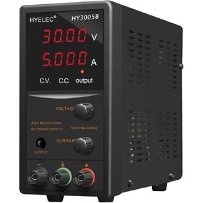 DC Power Supply Variable, Hyelec 30V 5A Adjustable Switching Regulated DC Bench Power Supply with 4 Digits LED Display, Data Hold,Coarse and Fine Adjustment with 110V Alligator Leads