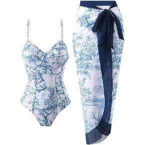Womens Swimsuit One Piece with Cover Up Two Piece Bathing Suit with Cover Up Set Wrap Floral 1 Piece Sarong Swimsuit