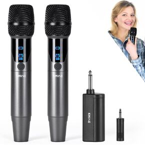 Kmise Wireless Microphone System,2.4GHz Dual Handheld Wireless Mics,Rechargeable Wireless Dynamic Mics Set,for Church, DJ, Karaoke,Wedding, Party,Auto Connected,1/4''Output