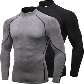 Mens 2 Pack Mock Turtleneck Compression Shirt Long Sleeve Sports Undershirt Athletic Baselayer Running T-Shirt