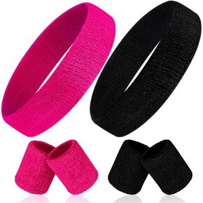 6 Pieces Kids Sweatband Set Sports Headband Wristband Set Boys Girls Headband Wristbands Sweat Bands Set for Basketball Football Running 2 Headbands and 4 Wristbands(Rose Pink, Black)
