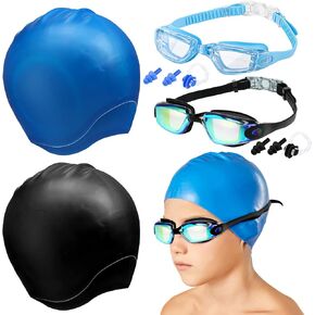 4 Pack Swim Caps for Kids Swimming Cap and Goggles for Boys Girls Silicone Swim Bath Hats with Ear Plugs Nose Clip for Short Long Hair Age 8-15 Youth(Black, Blue)