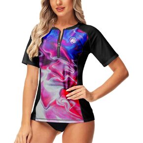 AOBUTE Rash Guard Women Short Sleeve Zip Up Swim Shirt Women SPF 50 Uv Protection Shirt Wave Multicolor XXL