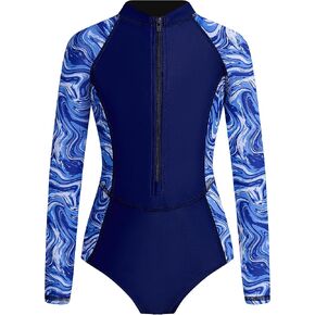JiAmy Girl's One Piece Rashguard Swimsuit Long Sleeve Zipper UPF 50+ Sun Protection Bathing Suits Swimwear