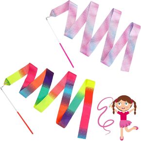 2Pcs Rhythmic Dance Ribbons 78.7 Inch Rainbow Gymnastics Ribbon Dancer Wands Dance Twirling Sticks Sparkling Baton Streamer for Artistic Dancing Gymnastic Circus Carnival Show Outdoor Play