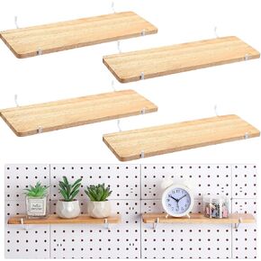 4 Pack Pegboard Shelf Set Wooden Pegboard Shelves Accessories with Metal Hooks Peg Board Organizer Holder Pegboard Storage Brackets for Display Wall Craft Room Home Garage Workbench