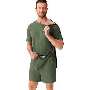 Deyeek Shoulder Surgery Shirts for Men Short Sleeve Full Open Side Snap Hospital Gowns Adaptive Post Shoulder Chemo Sets