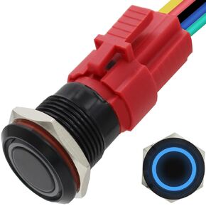 16MM Latching Push Button Switch 12V, On Off Button with LED, Waterproof Marine Push Button for Car, Light Power Switch 0.63" Mounting Hole with Wire Socket Plug Self-Locking (Black Shell-Red)