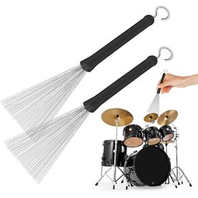 1 Pair Drum Brushes Retractable Wire Brushes Stainless Steel Drum Stick Brush with Comfortable Rubber Handles for Rock Bands, Drummer Playing