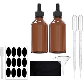 Amber Glass Tincture Bottles Includes Droppers - For Essential Oils, Perfumes and Liquid Storage - Includes Funnel, Labels, Pipettes and Microfiber Cloth - 4.05 fl oz / 120 ml, 4 pack