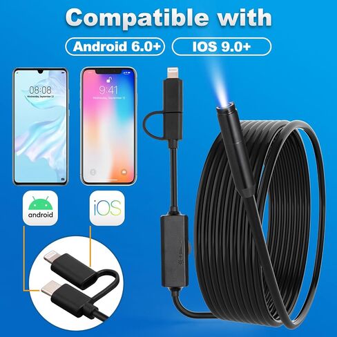 Endoscope Camera with Light Dual-Lens 1920P HD Borescope with 8+1 Adjustable LED Light Endoscope 16.5FT Semi-Rigid Snake Cable 8mm IP67 Waterproof Inspection Camera for iPhone, iPad, and Android Phone in Saudi Arabia