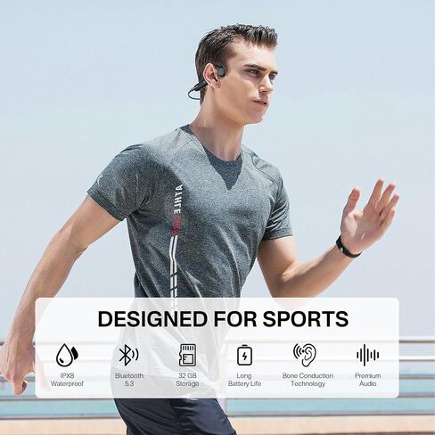 Bone Conduction Headphones Bluetooth 5.3 Open Ear Headphones Wireless Running Headphones IPX8 Waterproof Underwater Swimming Headphones with Mic Built-in 32G MP3 for Workout(Black-red) in Saudi Arabia