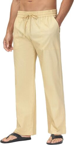 Boisouey Mens Linen Drawstring Pants Elastic Waist Lightweight Trouser Casual Yoga Summer Beach Pant in Saudi Arabia