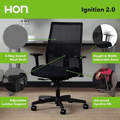HON Office Desk Chair Ignition 2.0 - كرسي مكتب مريح، كراسي مكتب مكتب منزلي، مسند للذراعين وأسفل الظهر قابل للتعديل، مقعد منزلق، دعم للظهر، وسادة، عجلات دوارة، أسود in Kuwait