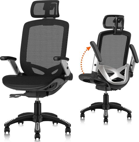 GABRYLLY Ergonomic Office Mesh Chair, High-Back Desk Chair with Sliding Seat, Adjustable Flip-up Armrest & 2D Headrest, 4-Gear Tilt Function, Swivel Computer Gaming Chair for Man Woman in Kuwait
