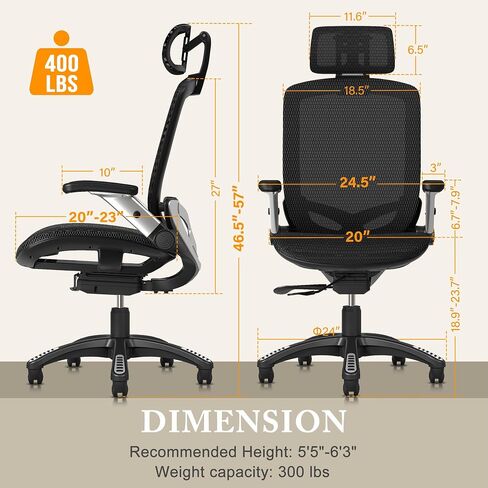 GABRYLLY Ergonomic Office Mesh Chair, High-Back Desk Chair with Sliding Seat, Adjustable Flip-up Armrest & 2D Headrest, 4-Gear Tilt Function, Swivel Computer Gaming Chair for Man Woman in Kuwait