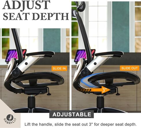 GABRYLLY Ergonomic Office Mesh Chair, High-Back Desk Chair with Sliding Seat, Adjustable Flip-up Armrest & 2D Headrest, 4-Gear Tilt Function, Swivel Computer Gaming Chair for Man Woman in Kuwait