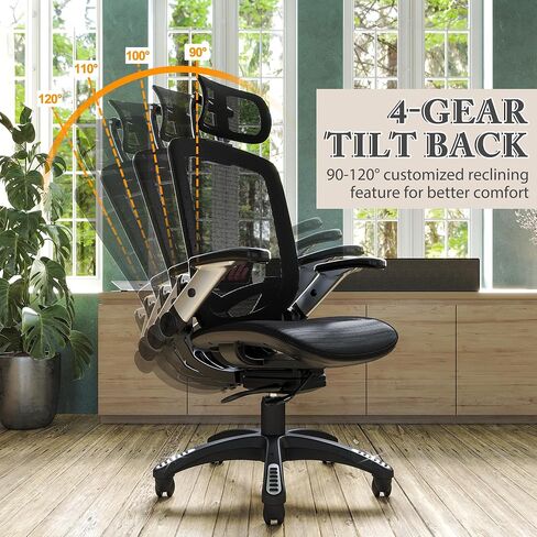 GABRYLLY Ergonomic Office Mesh Chair, High-Back Desk Chair with Sliding Seat, Adjustable Flip-up Armrest & 2D Headrest, 4-Gear Tilt Function, Swivel Computer Gaming Chair for Man Woman in Kuwait