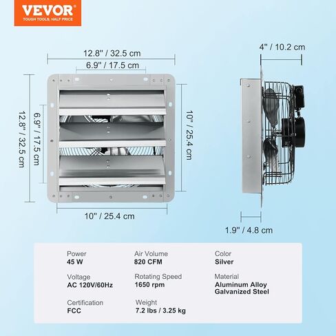 مروحة عادم مصراع VEVOR مقاس 10 بوصات، عالية السرعة 820 CFM، مروحة علية مثبتة على الحائط من الألومنيوم مع محرك تيار متردد، تهوية وتبريد للدفيئات الزراعية، الكراجات، الحظائر، المحلات التجارية، لجنة الاتصالات الفيدرالية (لا يتضمن قابس طاقة) in Kuwait
