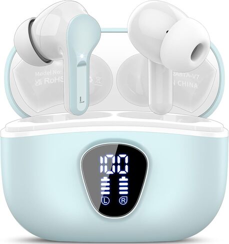 Wireless Earbuds, Bluetooth 5.3 Headphones HiFi Stereo, Bluetooth Earbuds with ENC Noise Cancelling Mic, IP7 Waterproof in Ear Earphones, 48H, LED Display Ear buds for Pad Phones Workout Sports, Green in Saudi Arabia