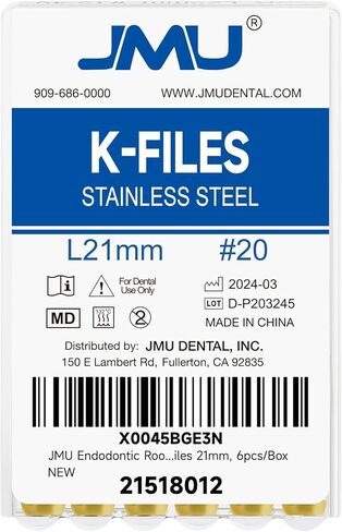 JMU Endodontic Root Canal K Files, Stainless Steel Hand Use K-Files 21mm, 6pcs/Box (1, #15 (21mm)) in Kuwait