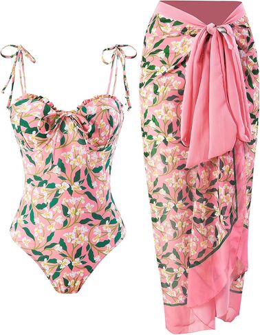 Womens Swimsuit One Piece with Cover Up Two Piece Bathing Suit with Cover Up Set Wrap Floral 1 Piece Sarong Swimsuit in Saudi Arabia