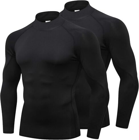 Mens 2 Pack Mock Turtleneck Compression Shirt Long Sleeve Sports Undershirt Athletic Baselayer Running T-Shirt in Saudi Arabia