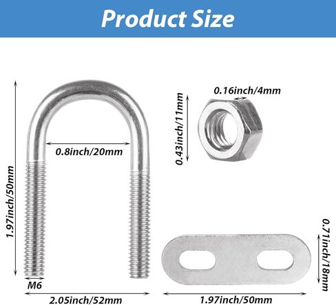 16 Sets M6 Round U-Bolts, U Bolts 3/4 Inch Wide 50mm Length, Zinc Plated Steel U Bolt Clamp with Nut, Plate, Washer (M6 x 20 mm x 50 mm) in Kuwait