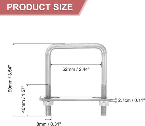 uxcell 4Sets 304 Stainless Steel Square U-Bolts, 2.44" (62mm) Inner Width 5.12" (130mm) Length M8 with Nuts, Frame Plate, Gasket for Automobiles Trailer, Ski Boat, Fishing Boat, Pipelines in Saudi Arabia