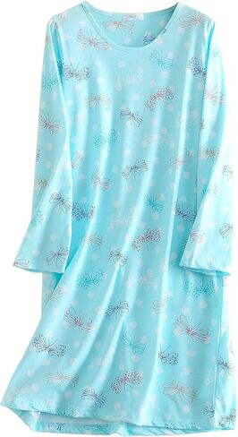 CHUNG Women's Cotton Nightgowns Long Sleeve Above Knee Vivid Print Nighties Sleepshirts Dress Sleepwear Autumn Winter in Kuwait