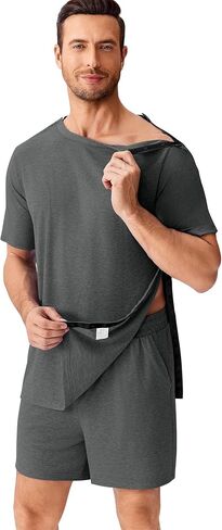 Deyeek Shoulder Surgery Shirts for Men Short Sleeve Full Open Side Snap Hospital Gowns Adaptive Post Shoulder Chemo Sets in Saudi Arabia