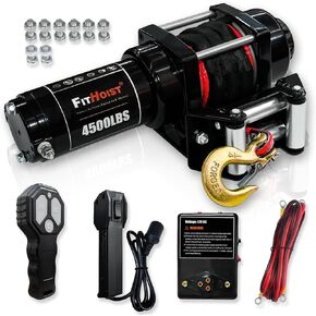 3500lbs ATV/UTV Winch with Synthetic Rope, Red 12V DC Electric Boat Trailer Winch, Waterproof Winch with Controller, Aluminum Fairlead, Extended Power Cable(3500LB)