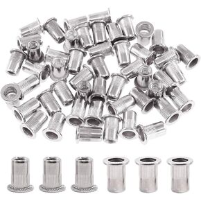 Glarks 50Pcs 1/4''-20UNC 304 Stainless Steel Rivet Nuts Flat Head Threaded Insert Nutserts Rivnuts Set