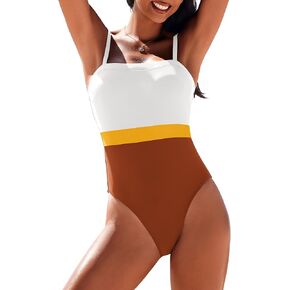 AI'MAGE Women's One Piece Swimsuit Square Neck Color Block Bathing Suit Tummy Control Swim Suits Vintage Retro Swimwear