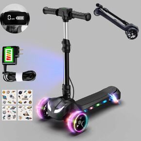 3 Wheel Electric Scooter for Kids Ages 4-8, Foldable 24V Electric Scooter with LCD Screen, Thumb Accelerator, Music Speaker, Light Up Wheels, 3 Adjustable Height, 5MPH Speed for Boys Girls