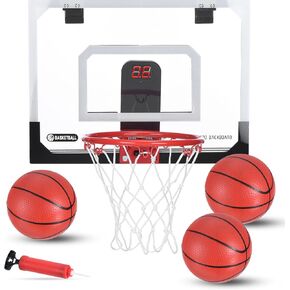 PATIKIL Mini Basketball Hoop Indoor Outdoor 16"x12" Door Basketball Hoop Set with LED Light Electronic Scoreboard Small Basketball Hoop with 3 Mini Basketball Door/Wall Mounted for Gift