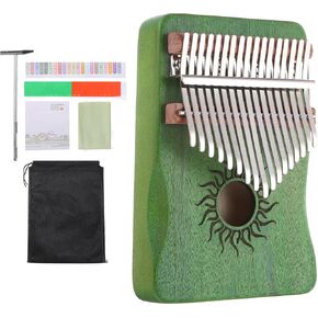 MECCANIXITY 17 Keys Thumb Piano, Green Mini Portable Finger Piano Maple Wood Sun Pattern with Protective Bag, Tune Hammer, Sheet Music Study Instruction for Gift Adults Beginners