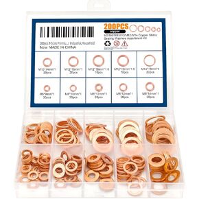 200pcs 9 Sizes Premium Copper Metric Sealing Crush Washers Assortment Kit,Flat Sealing Washer M5 M6 M8 M10 M12 M14,Flat Ring Sump Plug Oil Seal Gasket Sealing Fitting Washers for Industrial,Household